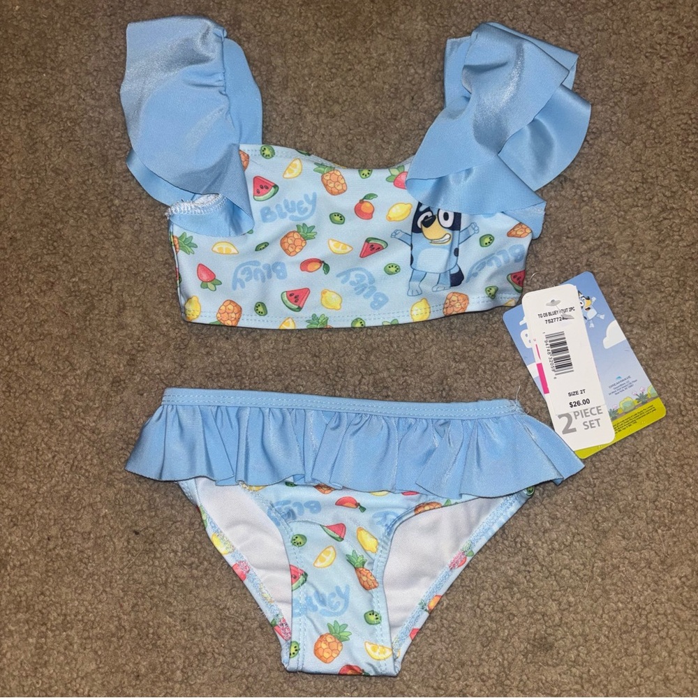 Bluey Light Blue Ruffle Two-Piece Girls Bikini with fruit, size 2T